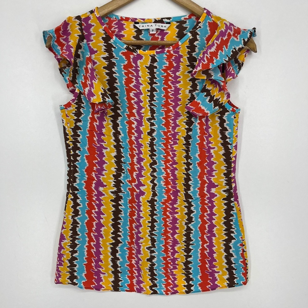 Trina Turk Womens Petite Silk Flutter Sleeve Zig Zag Top Multi Color Size P